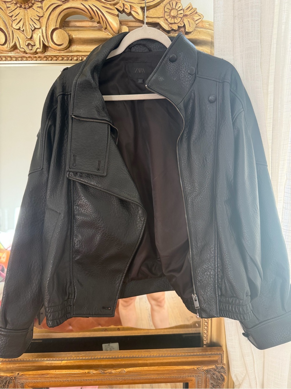 Zara Black Pebbled Leather Bomber Jacket